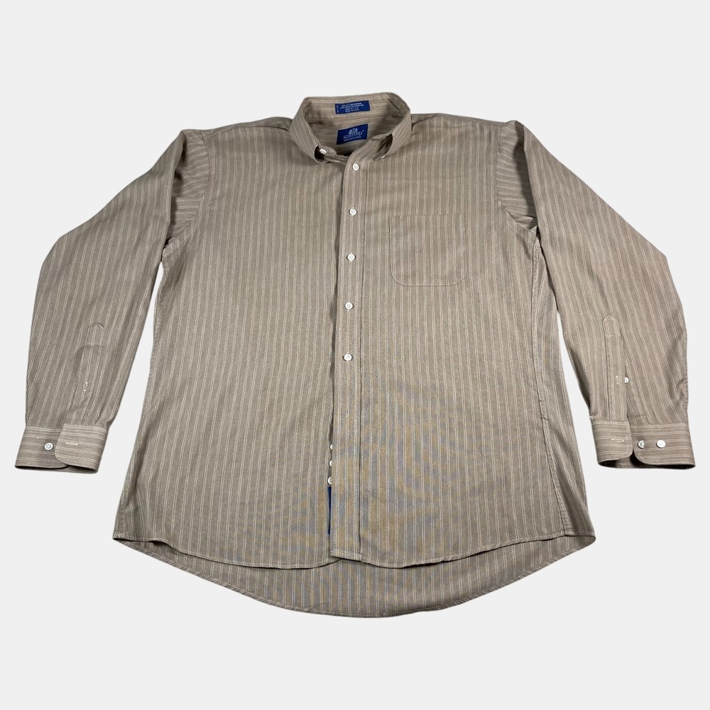 Stafford Wrinkle Free Mens 16.5 34/35 Tan Striped Button Down Shirt Made in USA
